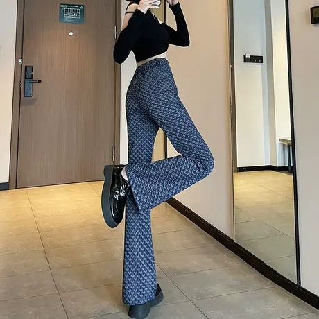 印花微喇裤女春秋新款高腰百搭显瘦弹力美式复古牛仔马蹄裤喇叭裤商品大图