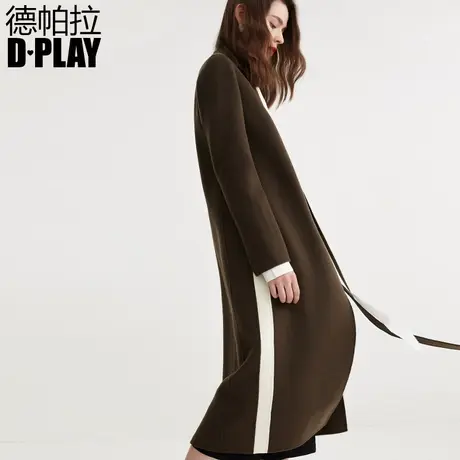 DPLAY德帕拉冬款时尚复古军绿拼白条V领长双面呢保暖外套图片