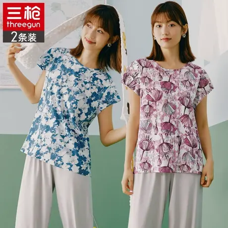 三枪女士夏季新款短袖圆领纯棉睡衣可外穿全棉休闲家居服印花T恤商品大图