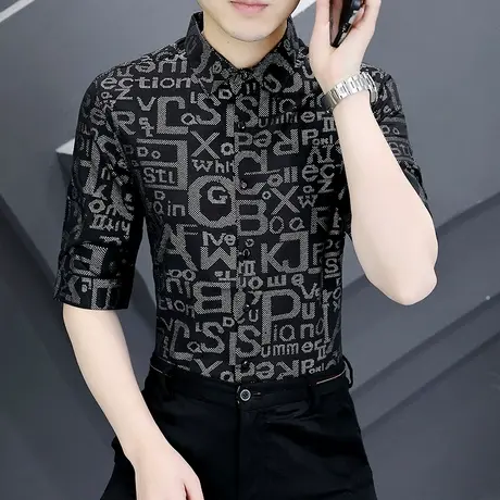 设计师名牌衬衫男士烫钻字母个性短袖夏季网红社会风痞帅半袖衬衣商品大图