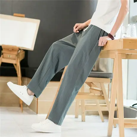 裤子男夏季薄款直筒亚麻裤垂感休闲冰丝裤春秋宽松阔腿棉麻九分裤商品大图