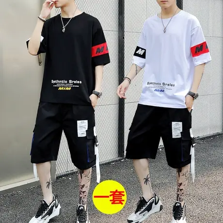 男士冰丝短袖t恤套装ins潮流2023夏季新款潮牌棉感体恤宽松上衣服商品大图