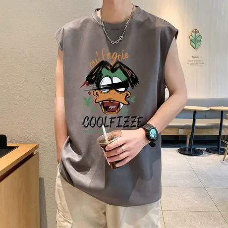 背心男夏季健身运动坎肩无袖T恤卡通潮流ins打底衫麂皮绒宽松上衣图片