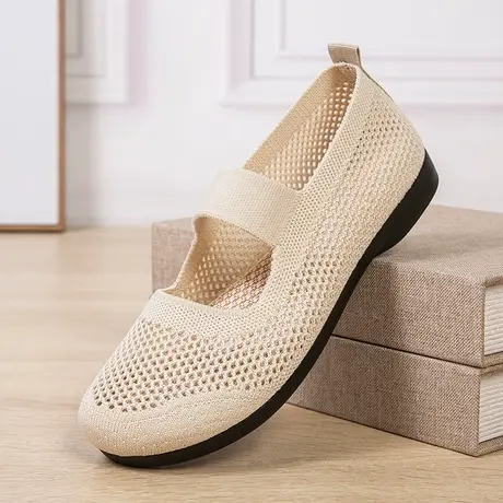 老北京布鞋夏季新款软底一脚蹬豆豆鞋浅口飞织妈妈鞋透气女网鞋商品大图