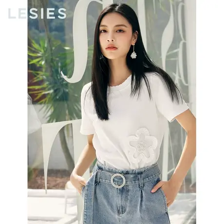 蓝色倾情 春秋女装白色立体花朵装饰套头短袖舒适棉质针织T恤商品大图