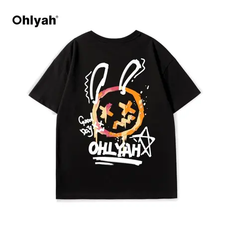 Ohlyah黑色卡通恶魔兔t恤女2023夏新款圆领打底衫宽松上衣短袖T恤商品大图