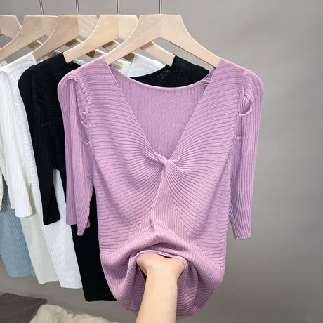 v领冰丝针织衫女2023春夏秋新款内搭修身打底衫泡泡袖薄中袖t恤衫图片