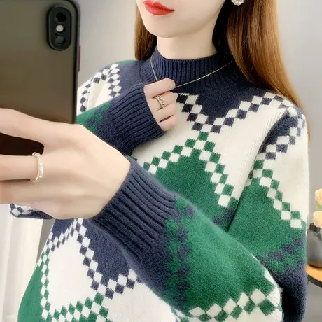 半高领毛衣女宽松加厚套头2023年新款小众拼色针织衫内搭打底上衣图片
