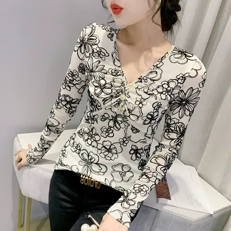 打底衫女春秋2023新款性感V领长袖T恤修身百搭上衣洋气网纱小衫潮图片