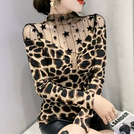 网纱拼接打底衫女春秋款设计感印花长袖T恤漂亮气质性感紧身上衣商品大图