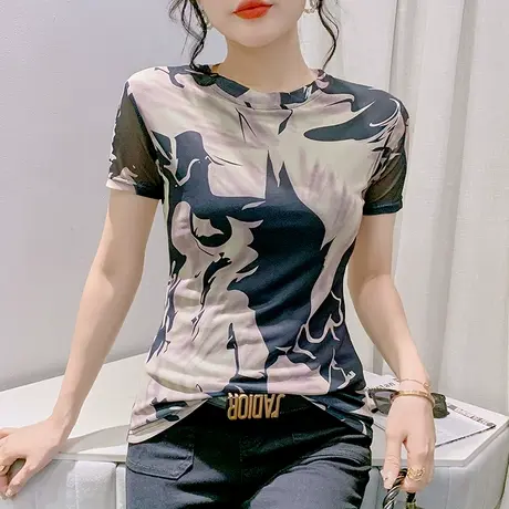 时尚网纱短袖t恤女夏季新款流行上衣扎染印花小衫显瘦修身半袖ins图片