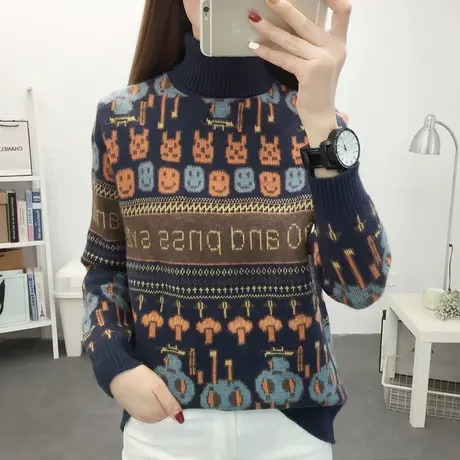 两翻领提花毛衣女套头2022秋冬新款宽松加厚针织打底衫外穿上衣女商品大图