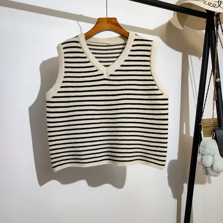 条纹针织马甲女春秋新款宽松v领叠穿学院风无袖坎肩毛衣背心外穿商品大图