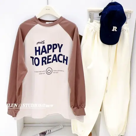 小众设计感上衣韩国东大门2023春款ins复古字母笑脸撞色长袖T恤女商品大图