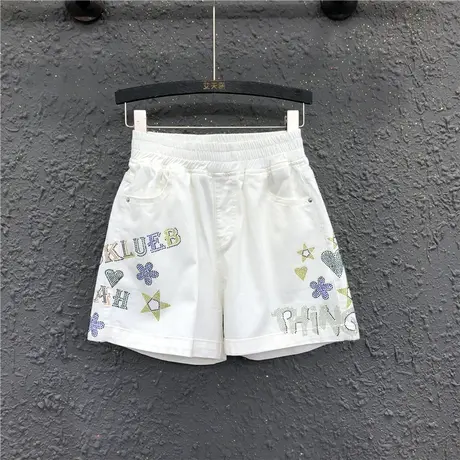 白色字母图案设计感牛仔短裤女23夏季新款松紧高腰宽松a字阔腿裤商品大图