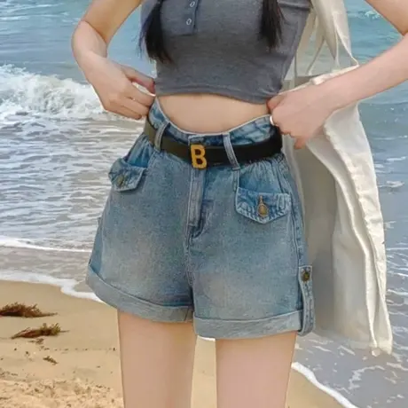 高腰牛仔短裤女2023年夏季新款薄款翻边宽松显瘦工装阔腿热裤夏天商品大图