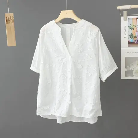 2023夏季新款V领纯棉蕾丝白色衬衫女短袖上衣设计感小众法式衬衣图片