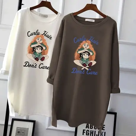 韩版磨毛长袖上衣T恤女纯棉打底衫百搭中长款宽松2022秋冬新款潮商品大图