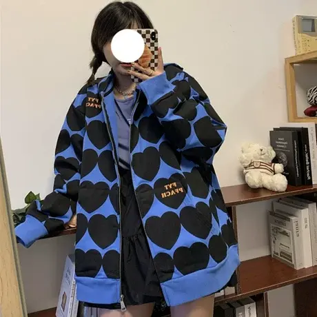 美式复古卫衣女宽松韩版ins连帽上衣设计感小众春秋薄款开衫外套商品大图