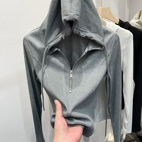 欧货设计感长袖T恤连帽衫女卫衣2023早春装新款休闲体恤短款上衣图片