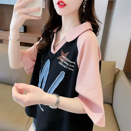 小众设计感短袖t恤女夏季韩版宽松撞色翻领polo衫半袖百搭上衣服商品大图