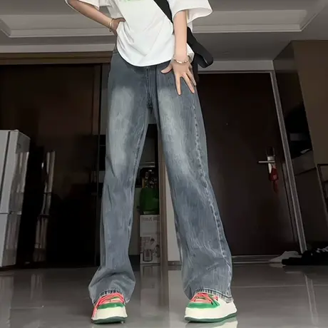 美式复古直筒牛仔裤女夏季薄款宽松高街潮牌高腰显瘦阔腿裤子大码商品大图