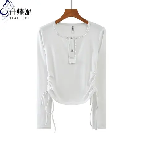 秋冬新款韩版圆领修身短款纯棉抽绳纯色长袖体恤上衣内搭女打底衫商品大图