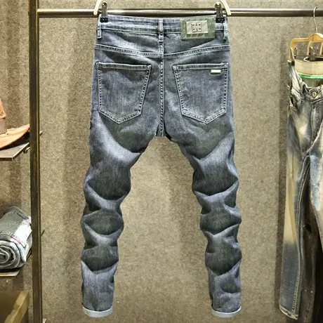 潮牌休闲弹力蓝黑色牛仔裤男款修身小脚裤夏季潮流韩版百搭长裤子商品大图