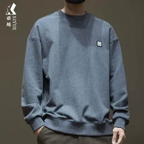 希越420g重磅蜡染休闲卫衣男秋季笑脸刺绣套头衫宽松大码内搭男装商品大图