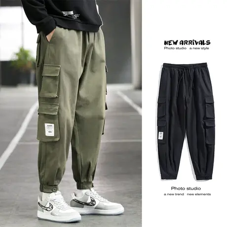 日系潮牌春秋款宽松小脚裤工装裤子男直筒抽绳束脚裤百搭休闲长裤商品大图