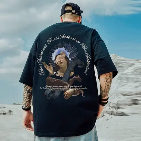 oversize重磅潮牌胖子男装大码国潮嘻哈宽松油画短袖T恤潮流半袖商品大图