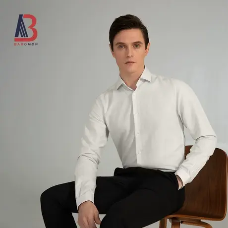 【亚麻衬衣】BAROMON/培罗蒙商务正装修身职业装抗皱男士长袖衬衫商品大图