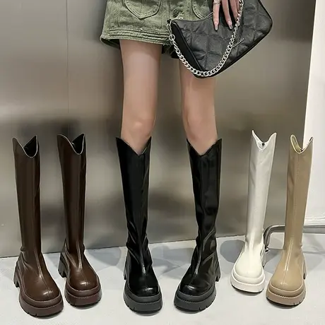 小个子长筒靴女2023年新款秋季骑士靴V口厚底胖mm粗腿显瘦长靴子图片