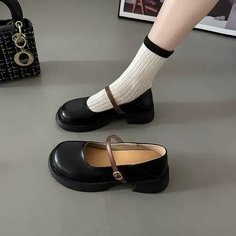 单鞋女2023年春夏季新款浅口玛丽珍鞋软底粗跟英伦风jk复古小皮鞋商品大图