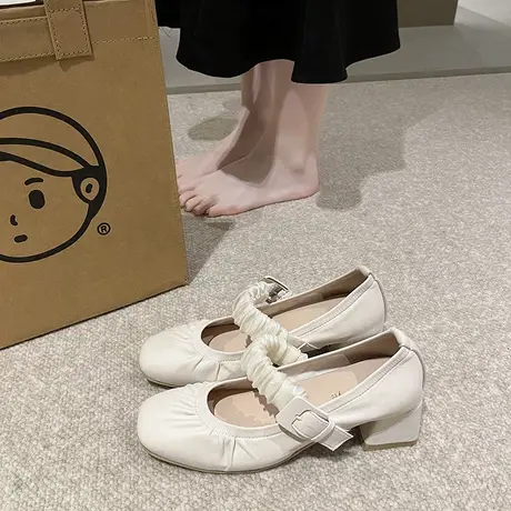 晚风浅口单鞋女2023秋季新款韩版配裙显瘦一字扣带粗跟气质高跟鞋图片