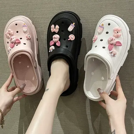 可爱小猪洞洞鞋女夏季ins潮外穿厚底增高时尚松糕沙滩鞋两穿防滑商品大图