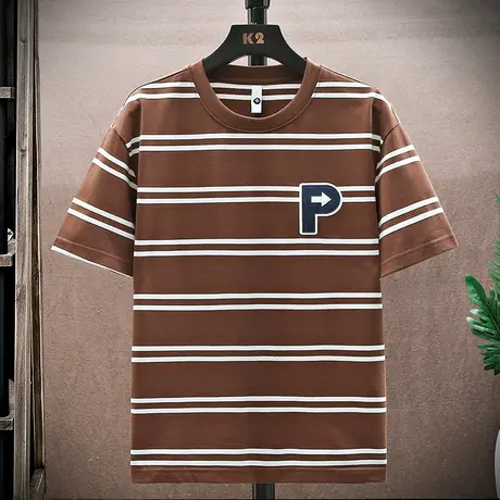条纹刺绣圆领短袖t恤男潮牌夏季青少年学生纯棉休闲五分袖打底衫商品大图
