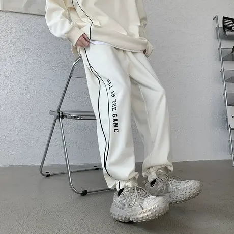 条纹拼接休闲裤子男潮牌春秋季新款美式宽松卫衣套装长裤一套搭配商品大图