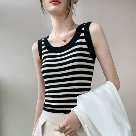 针织吊带背心女外穿2025黑白条纹修身显瘦马甲内搭无袖上衣打底衫商品大图