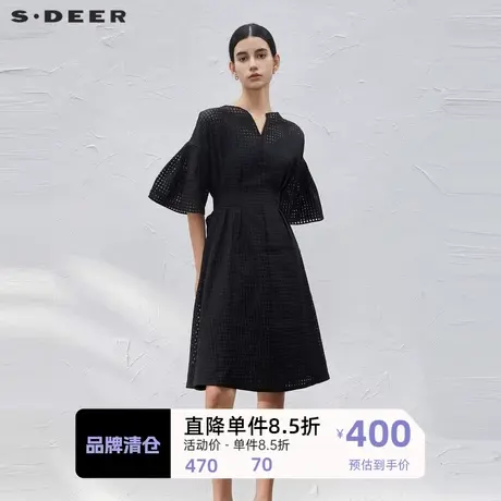 sdeer圣迪奥女装V领格子收腰吊带两件套中袖连衣裙S232Z12FS图片