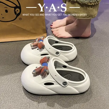 可爱蝴蝶结厚底洞洞鞋女2024春夏新款网红爆款软底舒适两穿凉鞋子图片