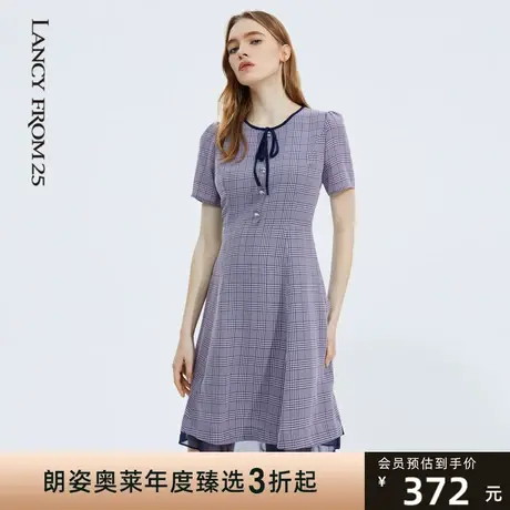 朗姿奥莱连衣裙夏季圆领系带格纹清新简约女式连衣裙图片