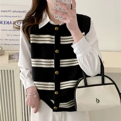 条纹开衫毛衣针织马甲女2024新款外穿背心叠穿马夹春秋坎肩上衣女商品大图