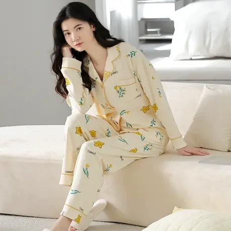 南极人睡衣女纯棉春秋款长袖长裤甜美网红风家居服套装可外穿新款图片