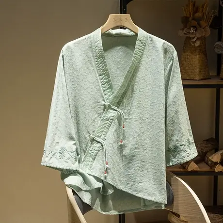 享永子七分袖苎麻上衣女夏斜襟盘扣文艺复古棉麻茶服中式2023新款图片