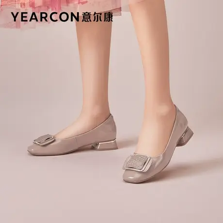 意尔康女鞋2023新款真皮方头浅口单鞋女低跟亮皮粗跟小皮鞋配裙子商品大图