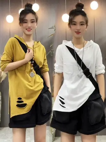 文艺纯色连帽t恤女宽松休闲上衣减龄打底衫春秋2023新款长袖小衫商品大图