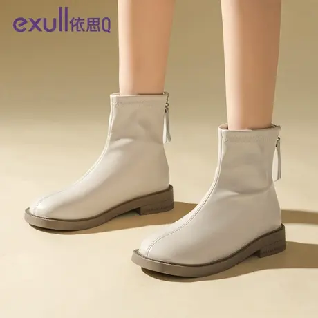 exull/依思Q真皮粗跟靴女增高2023新款秋冬简约短靴厚底时装靴女图片