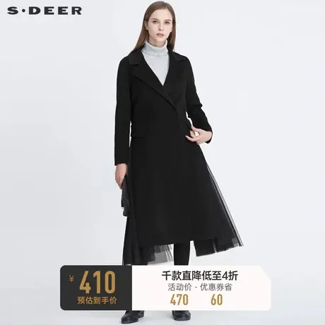 sdeer圣迪奥女装休闲西装领网纱拼接中长款毛呢大衣S20481825图片