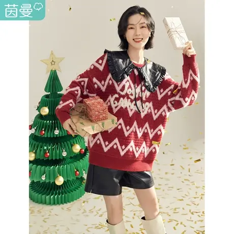 茵曼甜美针织毛衣女2023年冬季新款可爱提花套头宽松显瘦长袖上衣商品大图